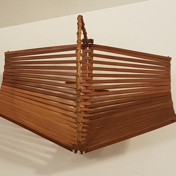 Mid Century Teak Folding Basket/ Fruit Bowl With Bamboo Handle MCM - Picture 3 of 8